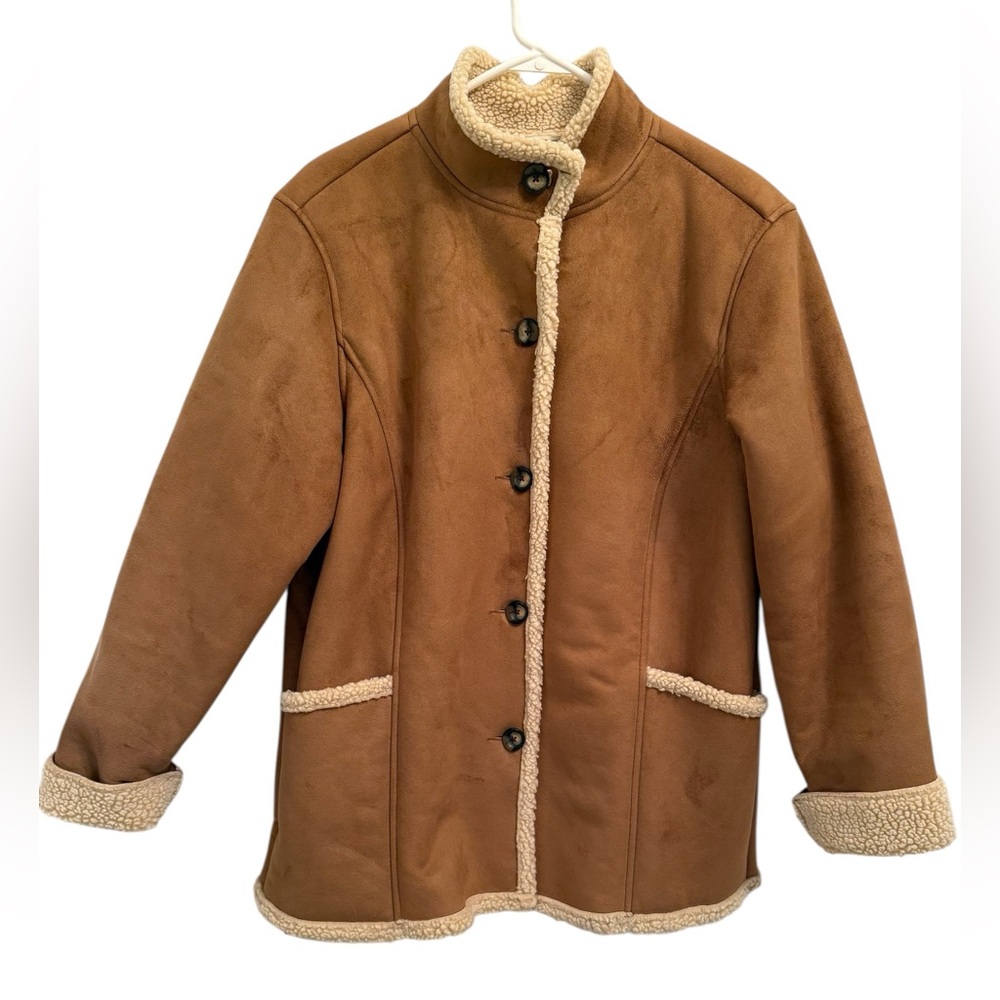 L.L. Bean Faux Seude Sherpa Lined Polyester Camel Jacket Large Petite